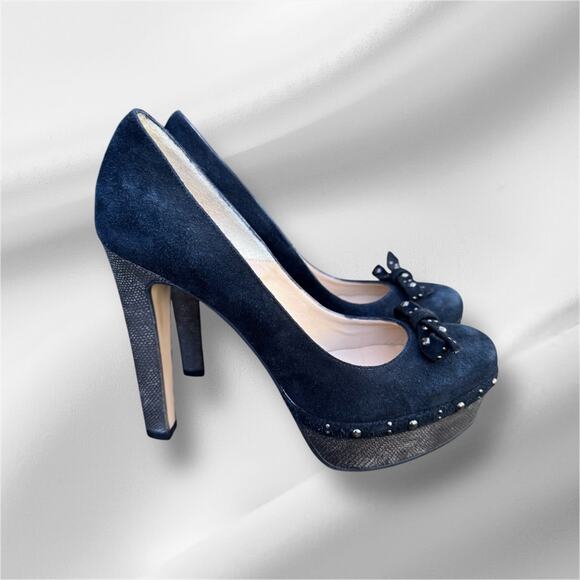 Gianni Marra Platform Black Leather Suade Studded Bow Italy Heels Size 36.5 / 6 - Picture 1 of 14